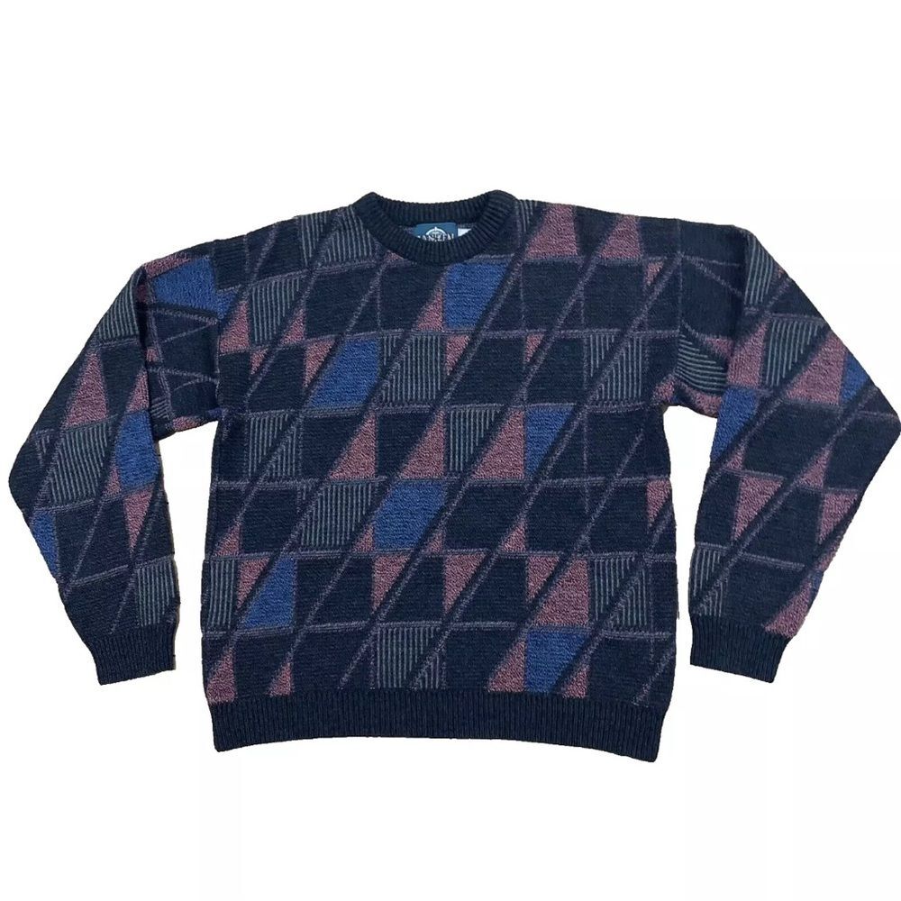 JANTZEN Vintage Y2k Sweater Mens L Abstract Gray Pink Blue Retro Grandpa Crew L